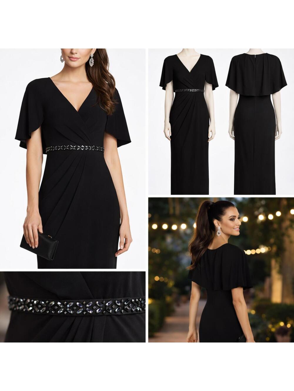 Adrianna Papell Black Cape Gown *8 NWT Beaded Waist Formal Evening Wedding Guest